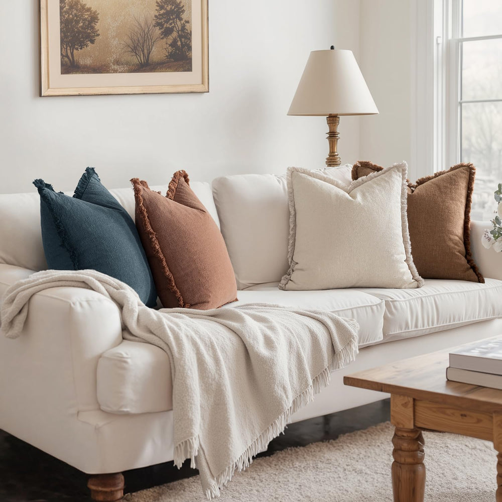 MIULEE Decorative Linen Fringe Throw Pillow Covers 18x18 Beige/Brown/Blue