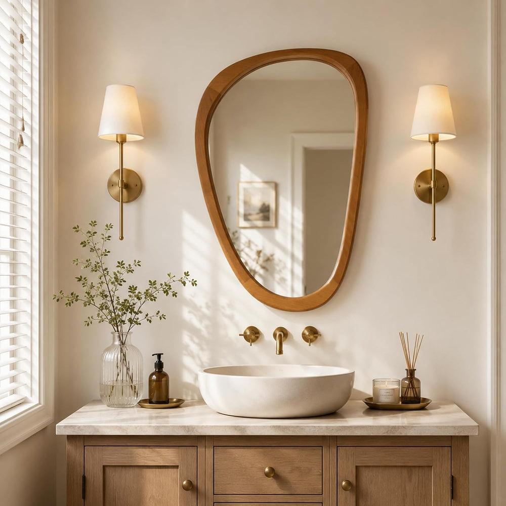 Solid Wood 30"x20" Warm Walnut Organic Irregular Wall Mirror Decor