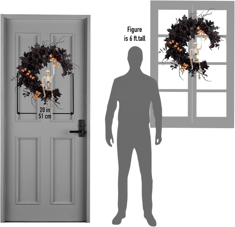 20" Pre-lit Halloween Black Moon Wreath with Poseable Skeleton, Handmade...