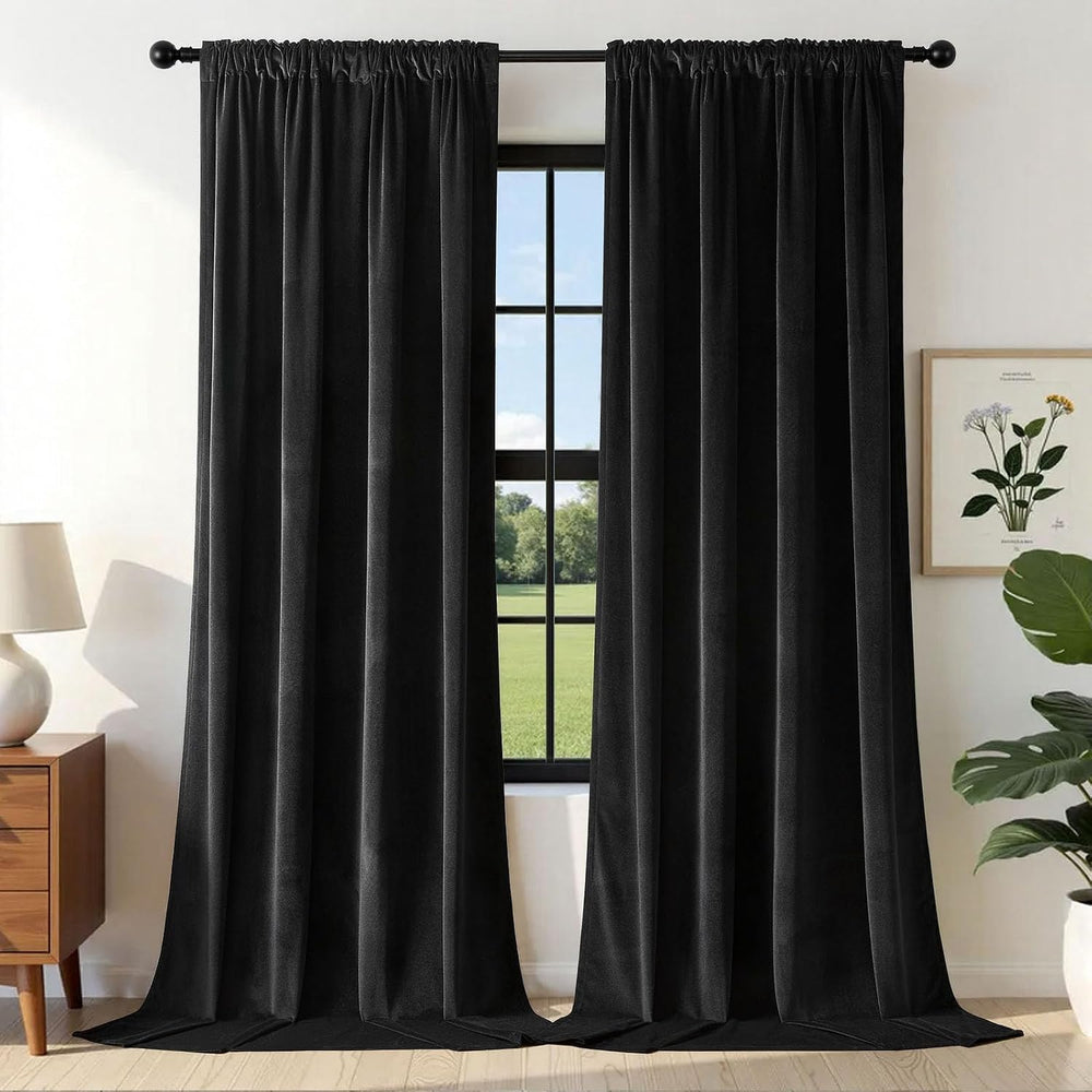 Joydeco Black Velvet Curtains 90 inch Length 2 Panels, Luxury Blackout Rod Po...