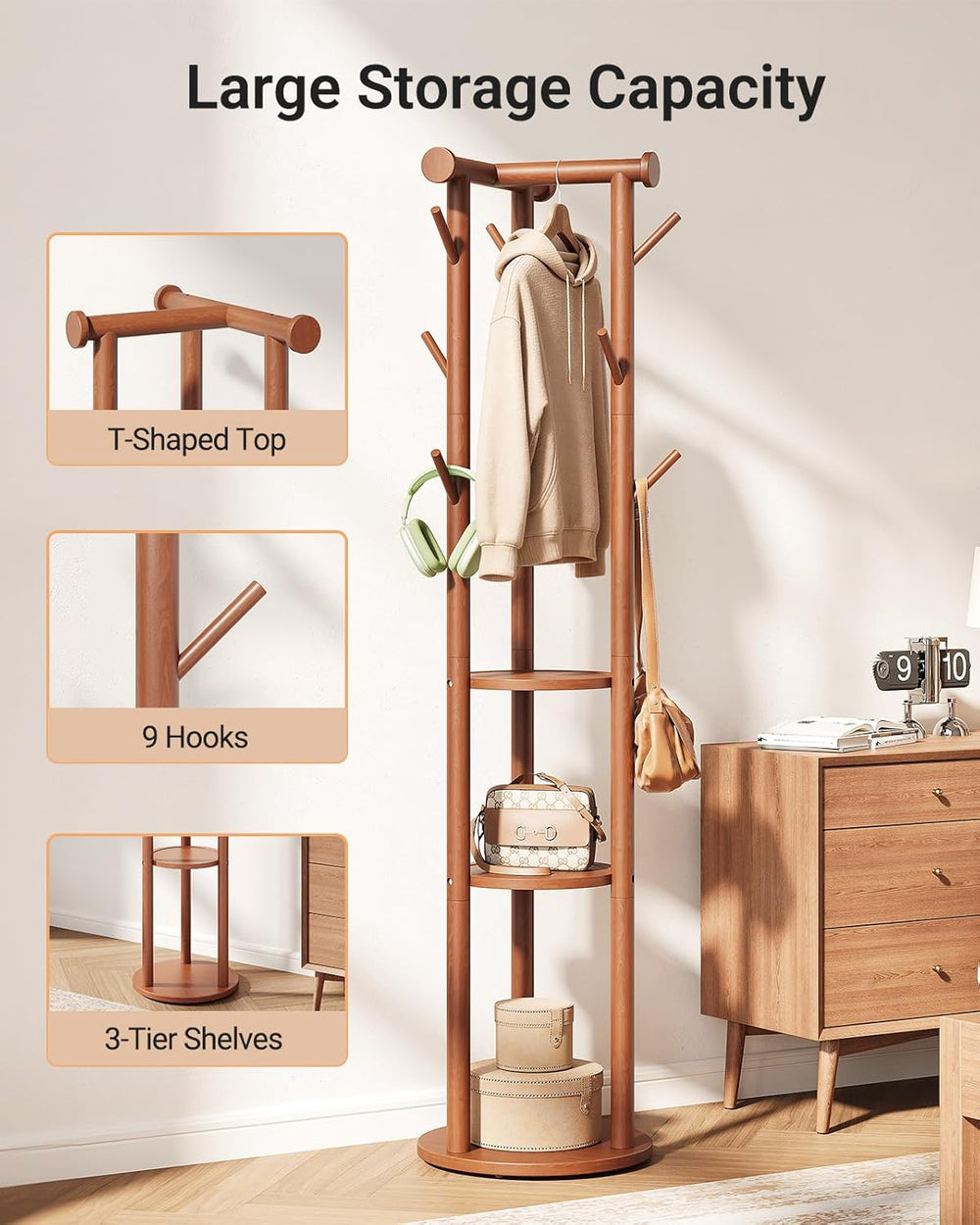 Pipishell Rotary Coat Rack, Solid Wood Coat Rack Freestanding with Wheels, 9 ...