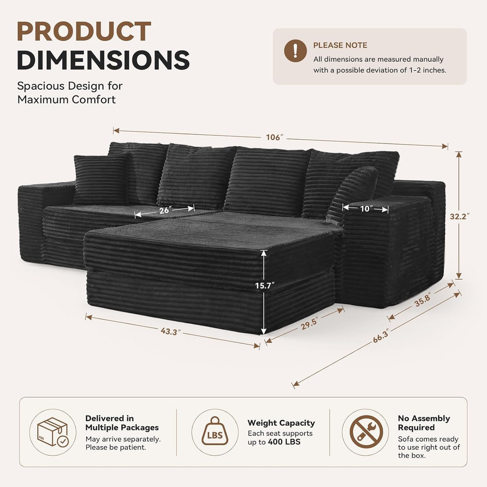106'' Convertible Futon Sofa Bed, Boneless Couch for Living Room, Black