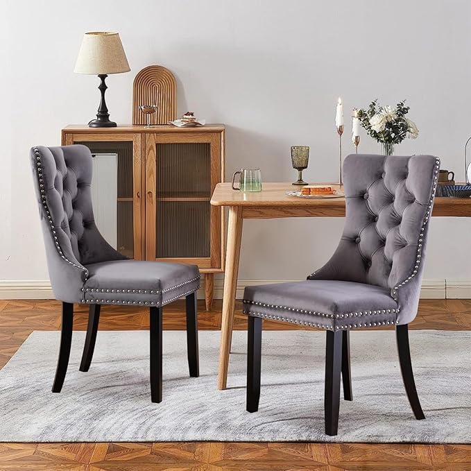 Velvet Upholstered Dining Chairs Set of 2, Modern Style Kitchen Side Chairs w...