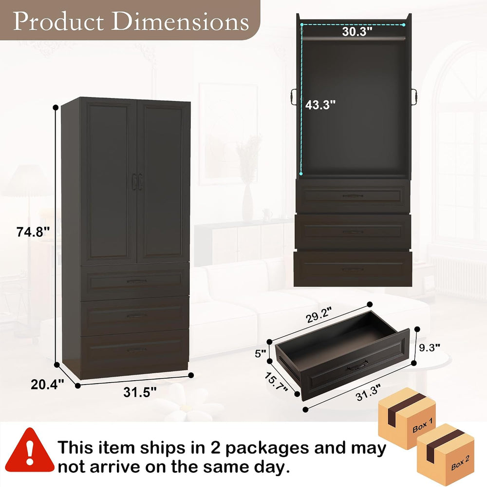 Black Armoire Wardrobe Closet with 6 Drawers, 75" Tall x 63" Wide