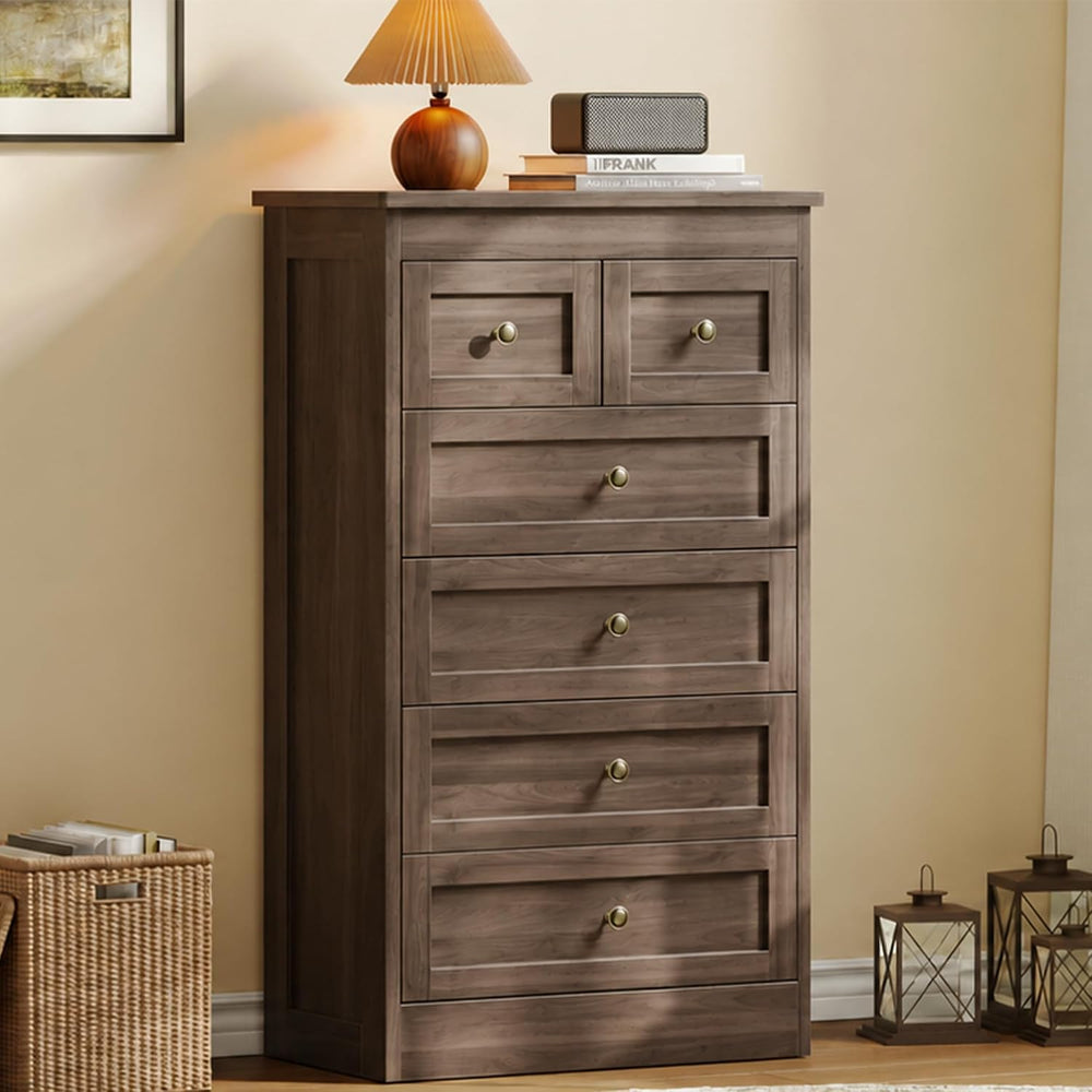 wanan Tall 6 Drawer Dresser for Bedroom, Gray Walnut Modern 43.3'' Ta...