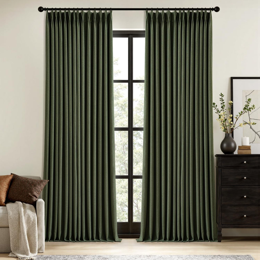 MIULEE Olive Green Pinch Pleated 100% Blackout Linen Curtains 40x96 Inches