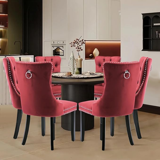 Velvet Upholstered Dining Chairs Set of 6, Modern Style Kitchen Side Chairs w...