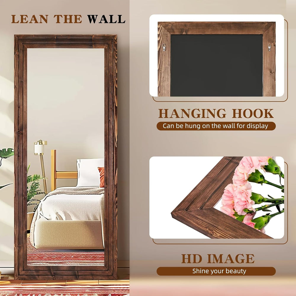 76x34in Full Length Mirror, 3-Tier Stepped Solid Wood Frame, Brown