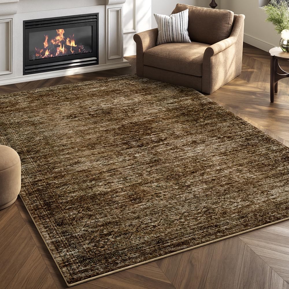 Area Rug 4x6 Washable Rug/Machine Washable Brown Vintage Traditional Floor Co...