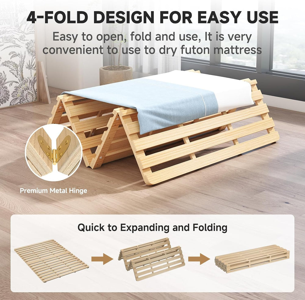 Full Size Foldable Floor Bed Frame, Solid Wood Slat Base for Futon Mattress