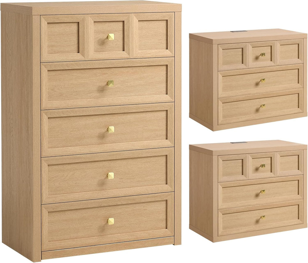 3-Piece Bedroom Set, 5 Drawer Tall Dresser and 3 Drawer King Size Nightstands...