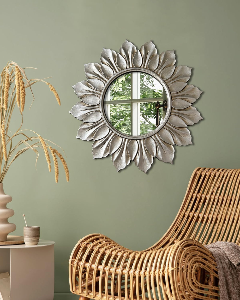 Sunflower Sunburst Wall Mirror, 22" Distressed Silver Wooden Frame