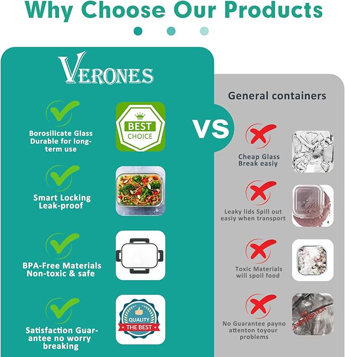 VERONES 30 Pieces Glass Meal Prep Containers Set, Stackable Glass Food Storage