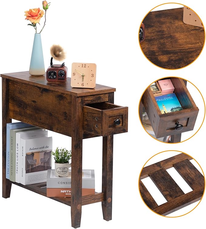 Brown 2 Pack Chairside Narrow End Table with Drawer, Solid Recliner Side Tabl...