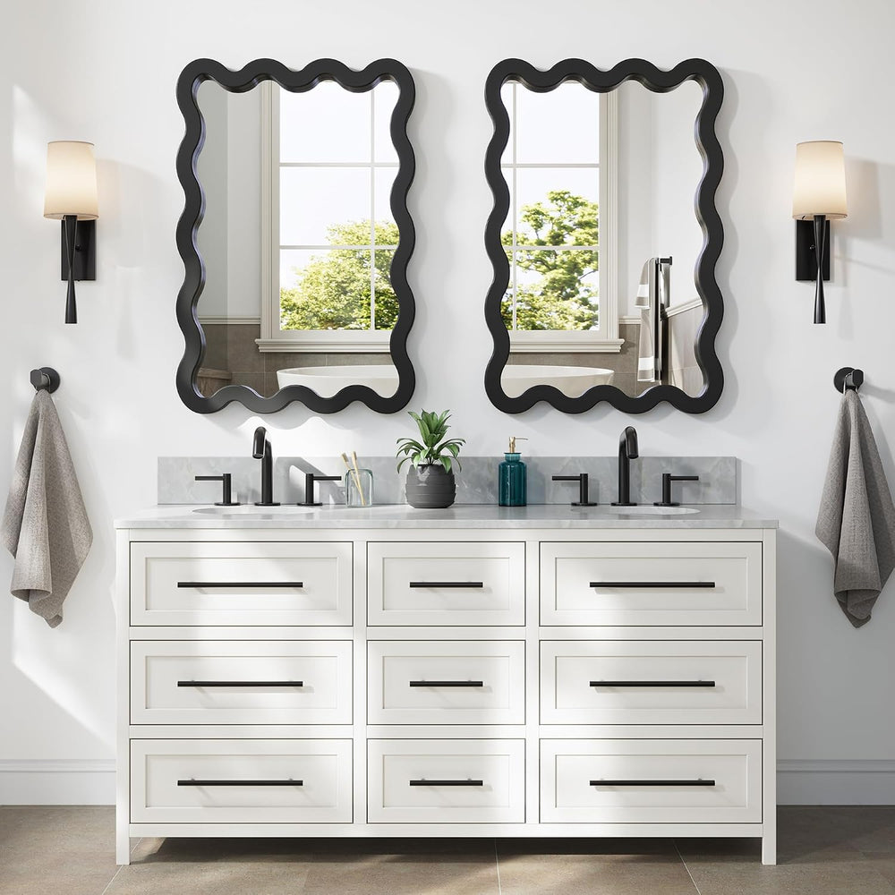 24x36 Black Wavy Bathroom Wall Mirror, Solid Wood Frame for Vanity