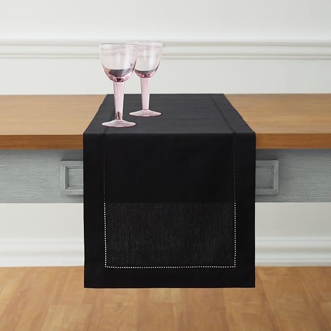 Solino Home Cotton Linen Black Table Runner 120 Inches Long - Hemstitch 14 x ...