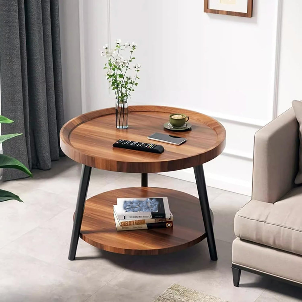 16in Small Round Coffee Table with 2-Tier Storage for Living Room