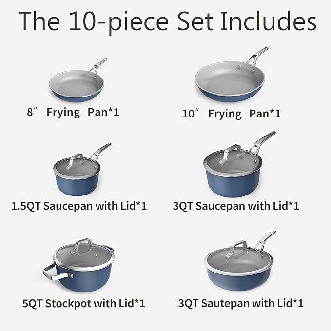 10-Piece Nonstick Ceramic Cookware Set, Non-Toxic Ceramic Coated Aluminum Pots