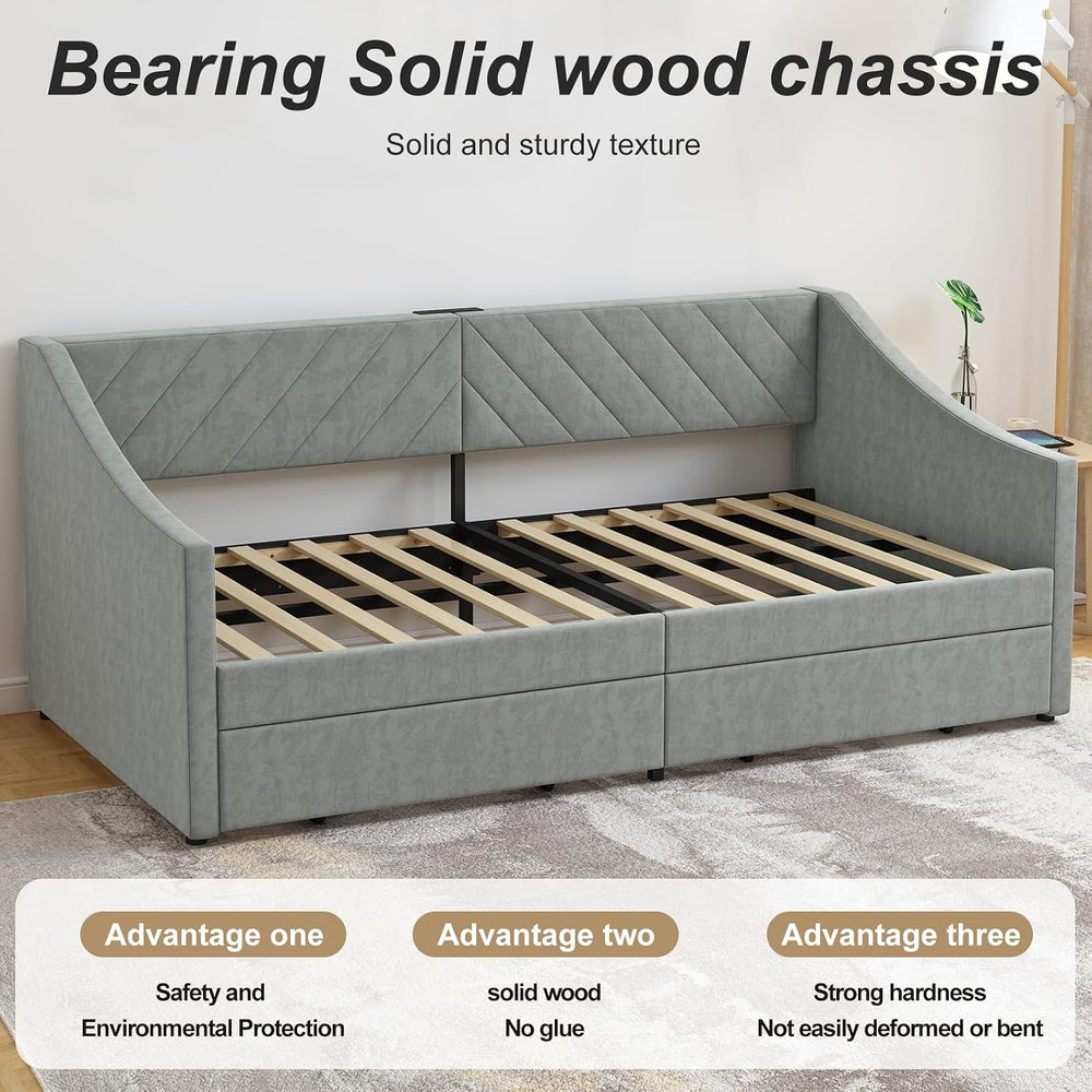 Twin Daybed with Upholstered Headboard and Charging Station, Daybed with Trun...