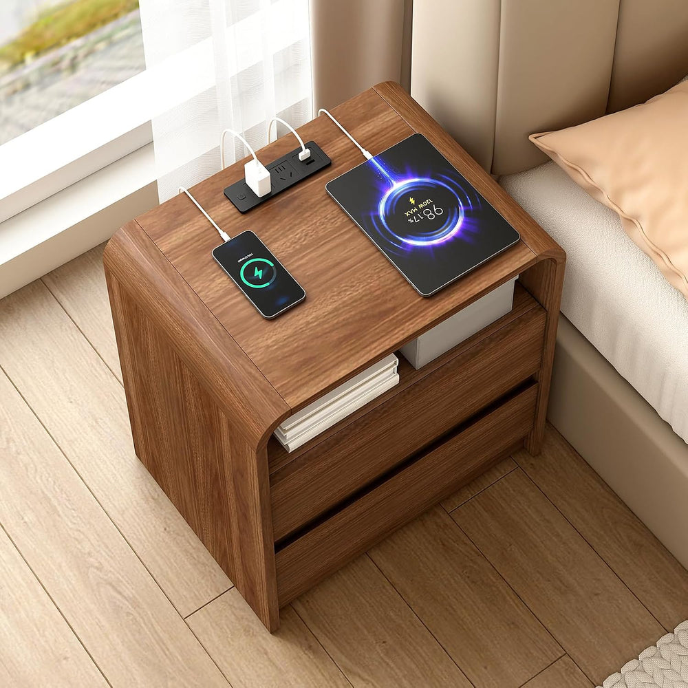 Messenya Modern Nightstand, 23.6-Inch Wide with Charging Station & Curved...