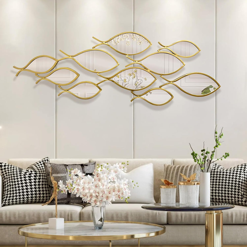 BECHAEO Coastal Metal Fish Mirror Wall Art Decor, 41" x 15" Gold