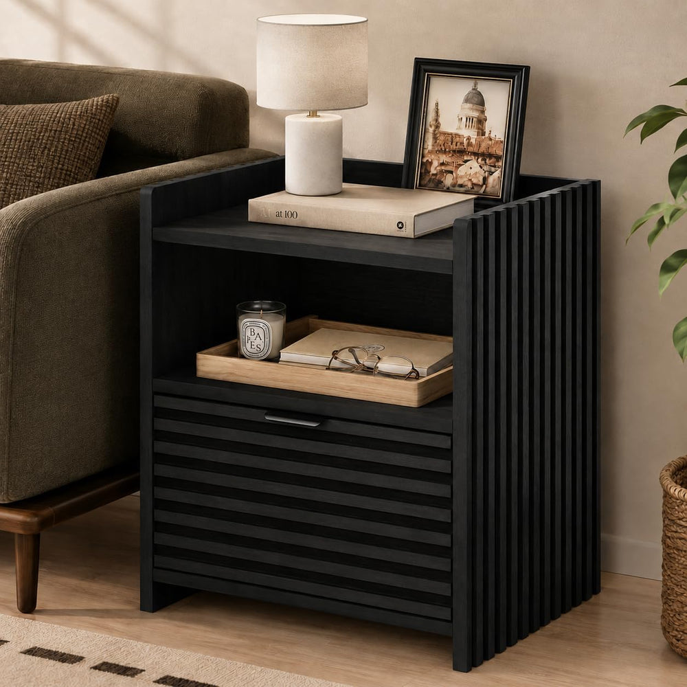 BON AUGURE Black Wood Nightstand, Modern End Table with Drawer