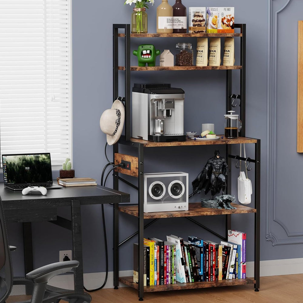Kitchen Bakers Rack with Power Outlet, 5 Tiers Coffee Bar Table, Kitchen Micr...