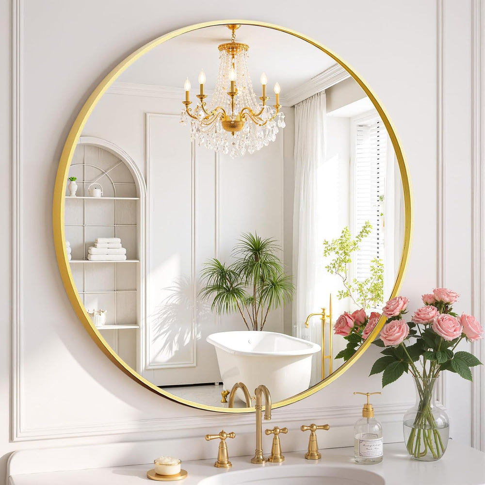 Round Wall Mirror 24 Inch Gold Vanity Mirror with Metal Frame