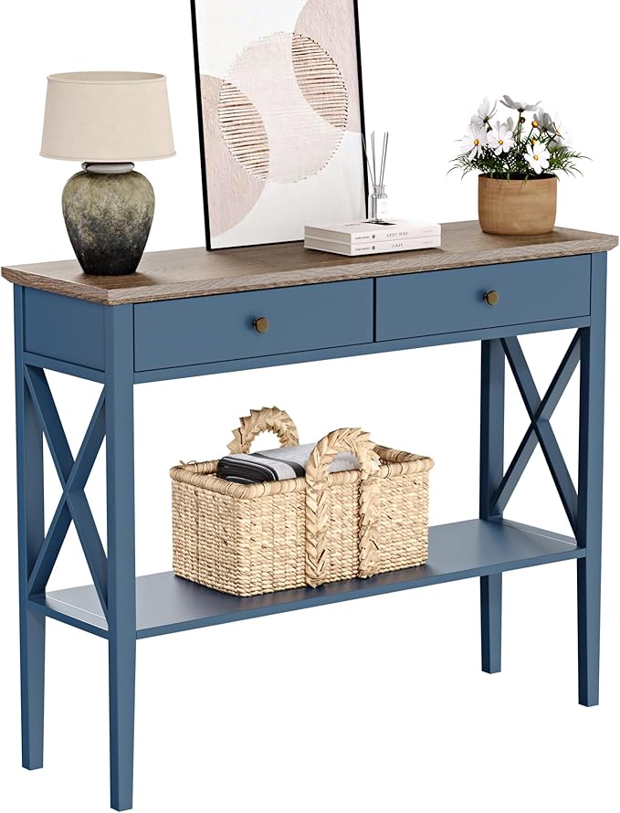 ChooChoo Console Table with Drawers, Narrow Wood Accent Sofa Table Entryway T...