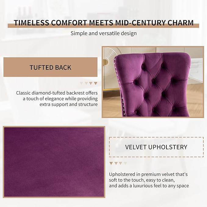 Mid Century Modern Dining Chairs Set of 6, Purple Velvet Upholstered Tufted B...