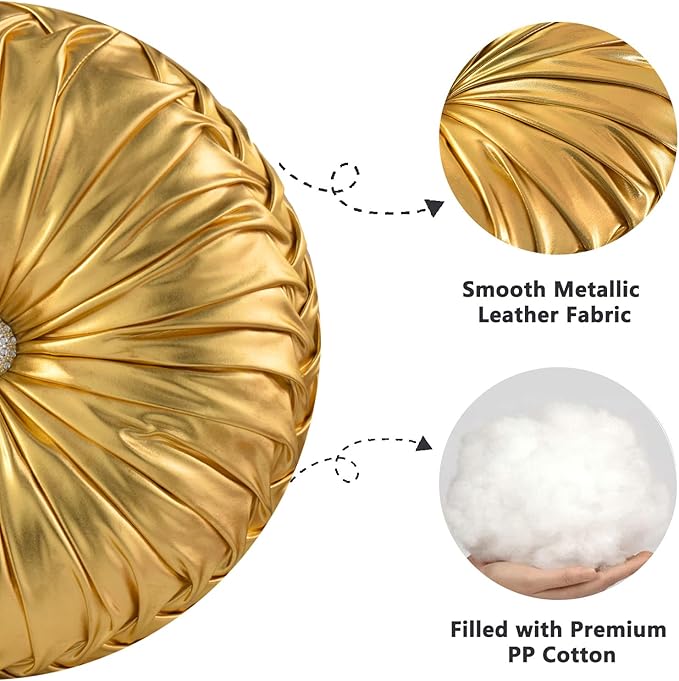 HIG Set of 2 Handcrafted Gold Ruched Round Throw Pillows – 14.5’’ Metallic
