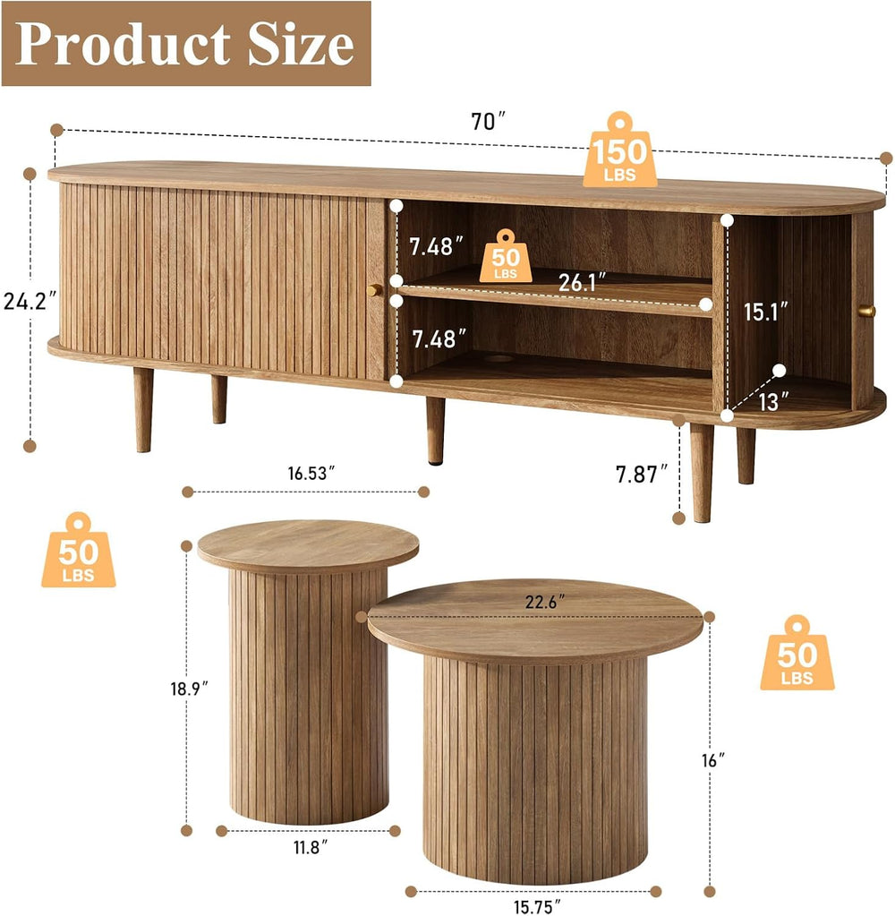 LUXOAK 3-Piece Mid Century Modern Living Room Table Set, 70" TV Stand wi...