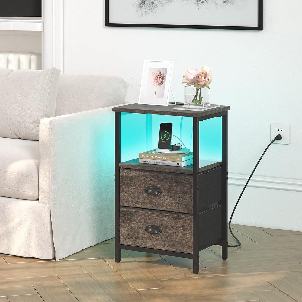 sthmec Nightstand with Charging Station, LED Night Stand Set of 2, Bedside Ta...