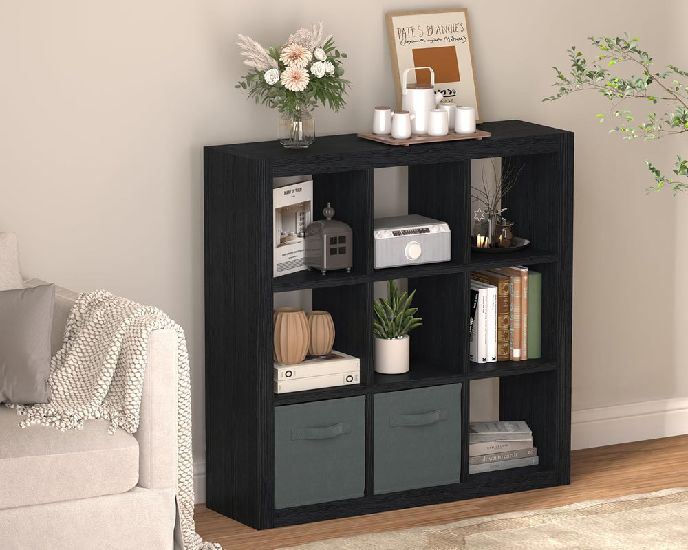 Bookshelf with Storage Bins, 9-Cube Storage Organizer Sturdy Wooden Bookcase ...