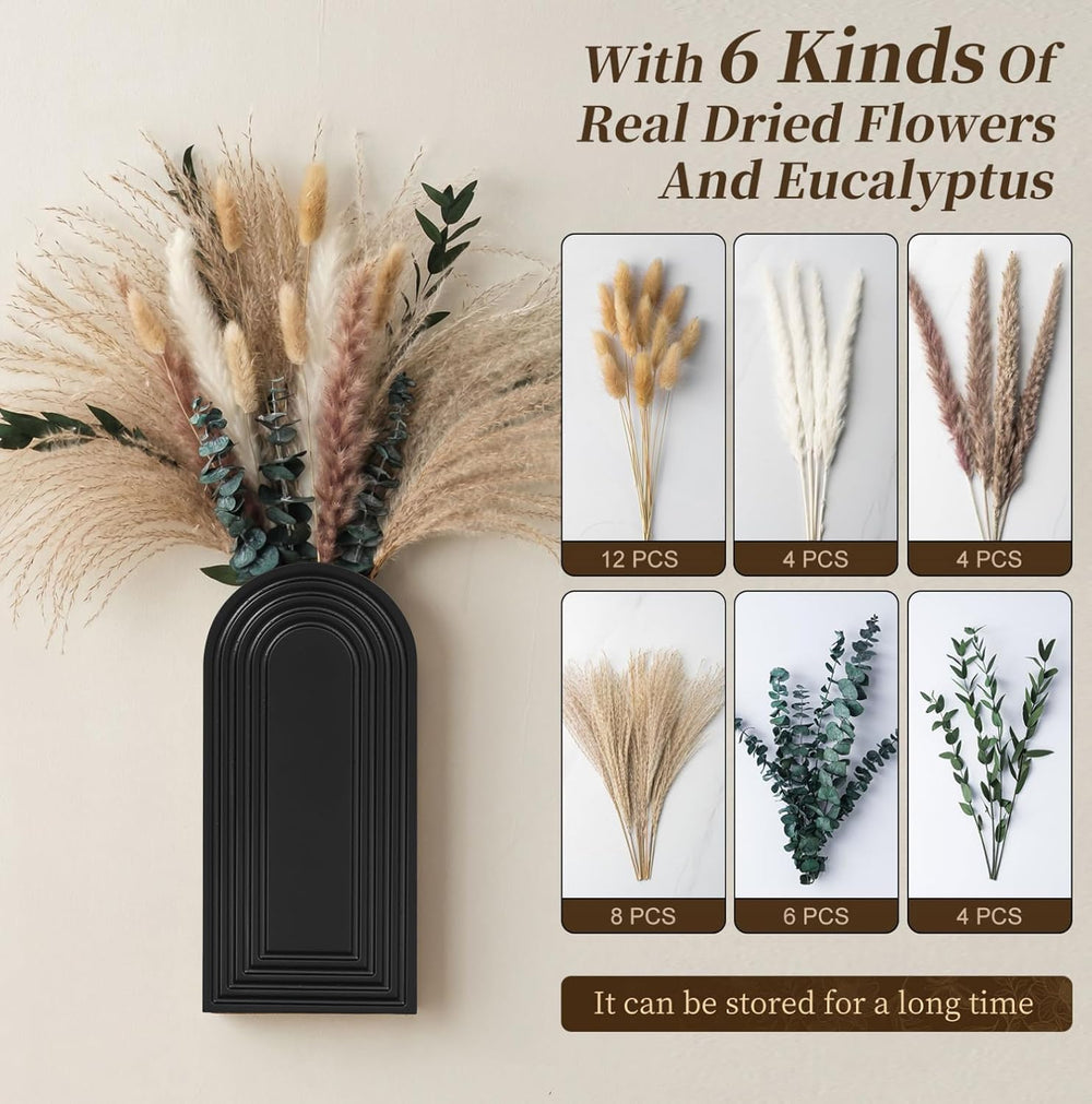 2 Pack Wooden Wall Vase Set with Pampas Grass Eucalyptus, Modern Farmhouse Bo...