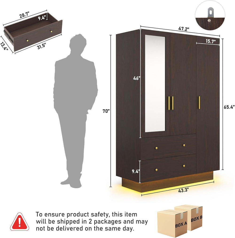 chartustriable 3 Doors Armoire Wardrobe Closet with Mirror, LED Armoire with ...