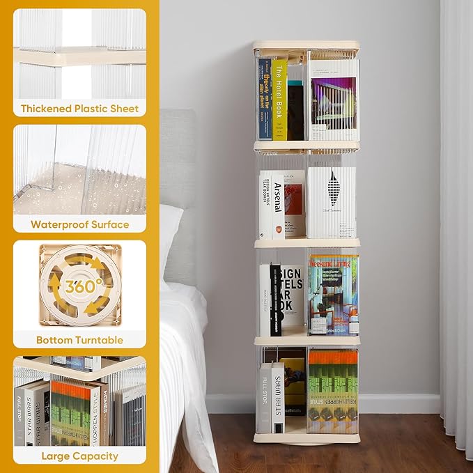 FAHKNS 4 Tier Rotating Bookshelf,360°Display Floor Standing Bookcase,Book She...