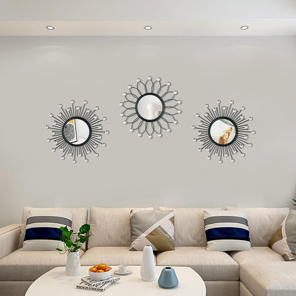 3 Pack Metal Mirror for Wall Sunburst Wall Mirror Black Crystal Home Accent