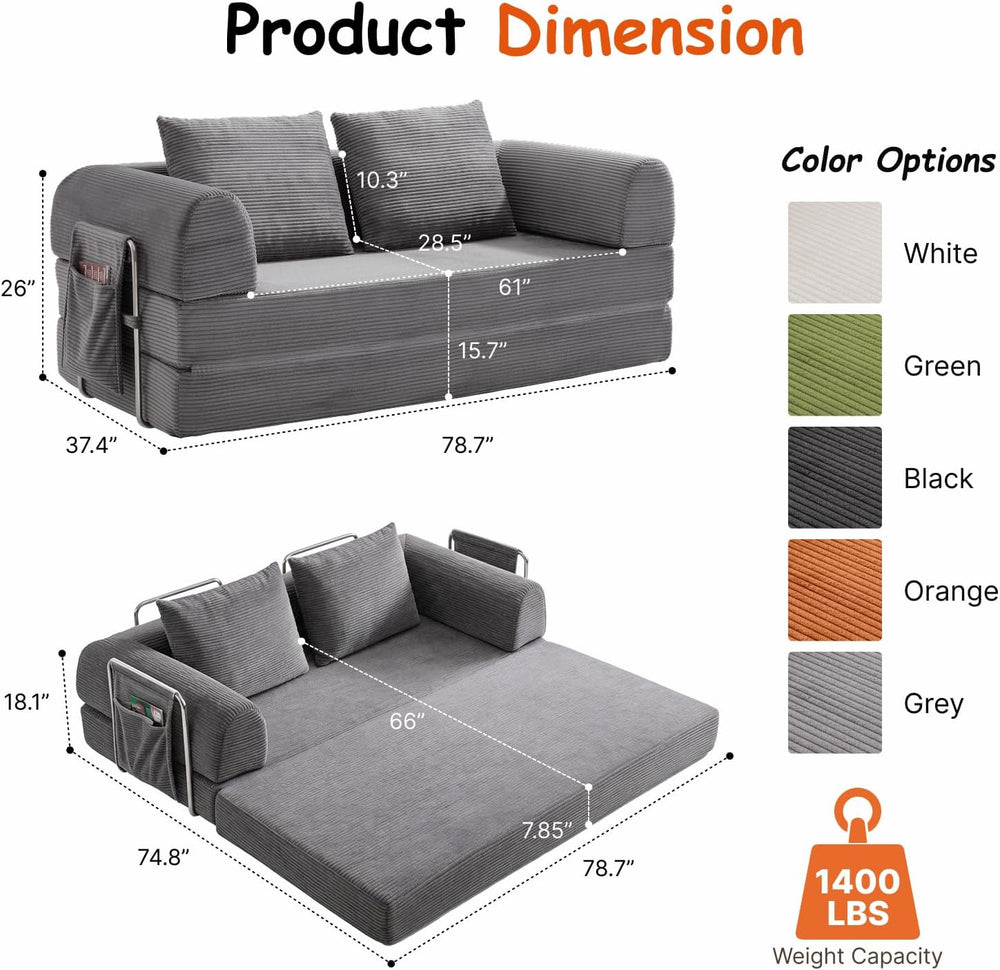 78" Convertible Sofa Bed, Corduroy Pull Out Couch with Fixed Frame &...