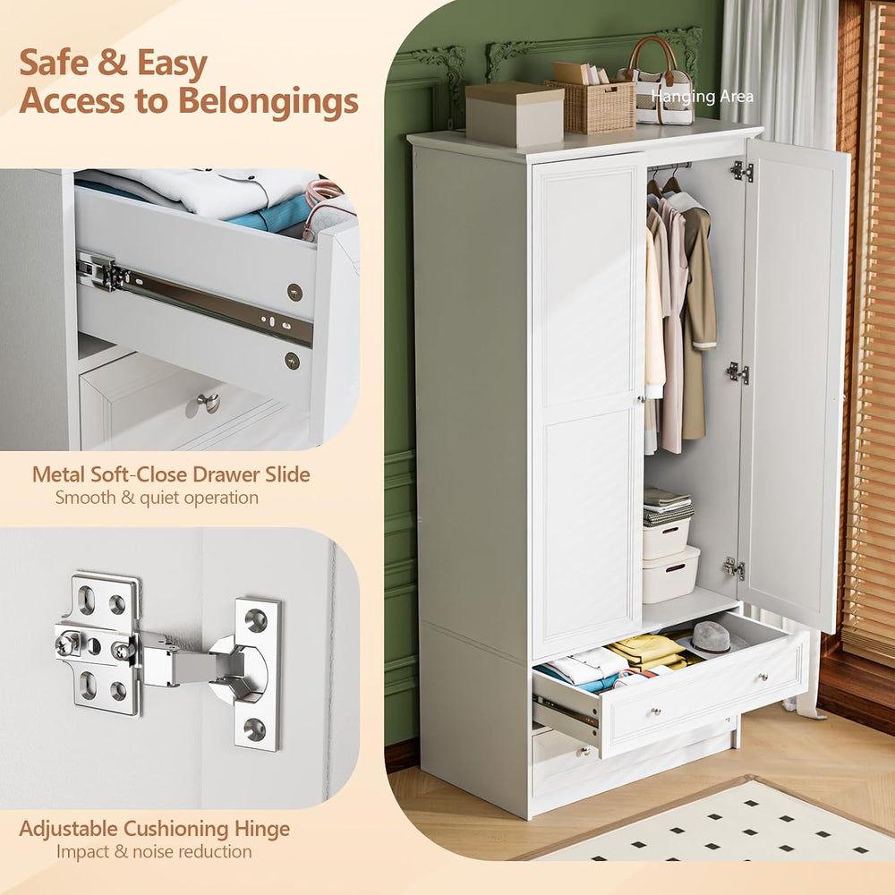 VINGLI 72" Wooden Armoire Wardrobe Closet with 2 Doors and 2 Drawers, White