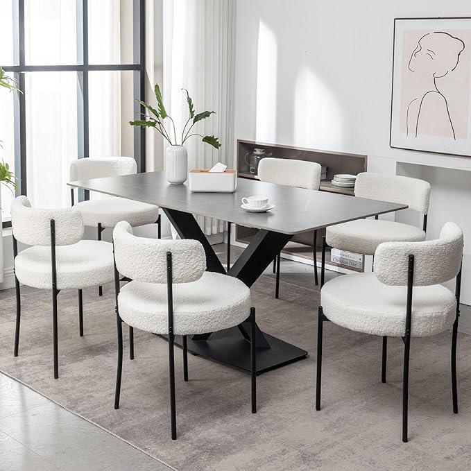 White Boucle Dining Chairs Set of 4, Upholstered Dining Room Chairs with Blac...