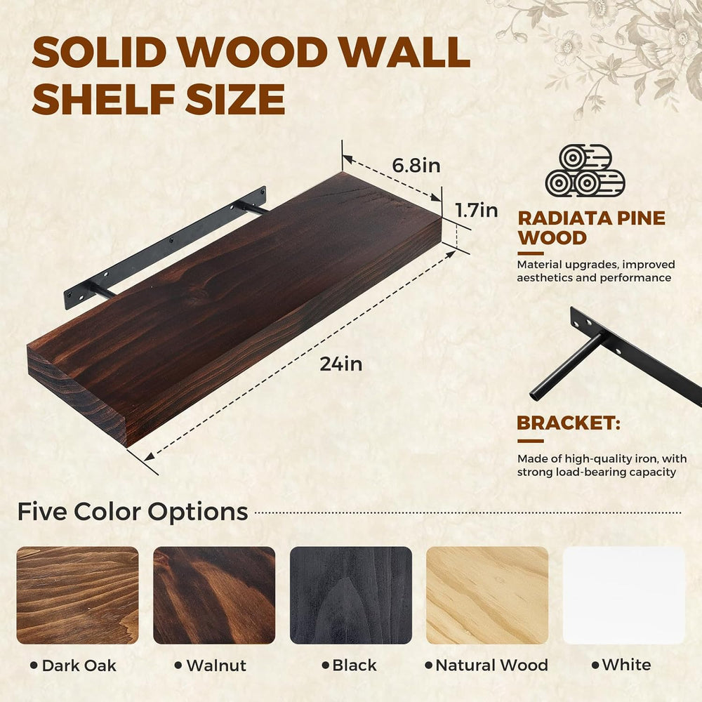 24x6.8x1.7in Solid Wood Floating Wall Shelf Set of 3 Walnut Finish