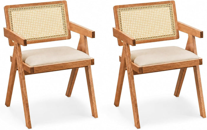 Giantex Rattan Dining Chairs Set of 2, Fabric Kitchen Chairs w/Armrests & Padded Cushion, Rubber Wood Frame, Mid Century Armchairs, Modern Accent Side Chairs for Bedroom, Reading Room, Beige