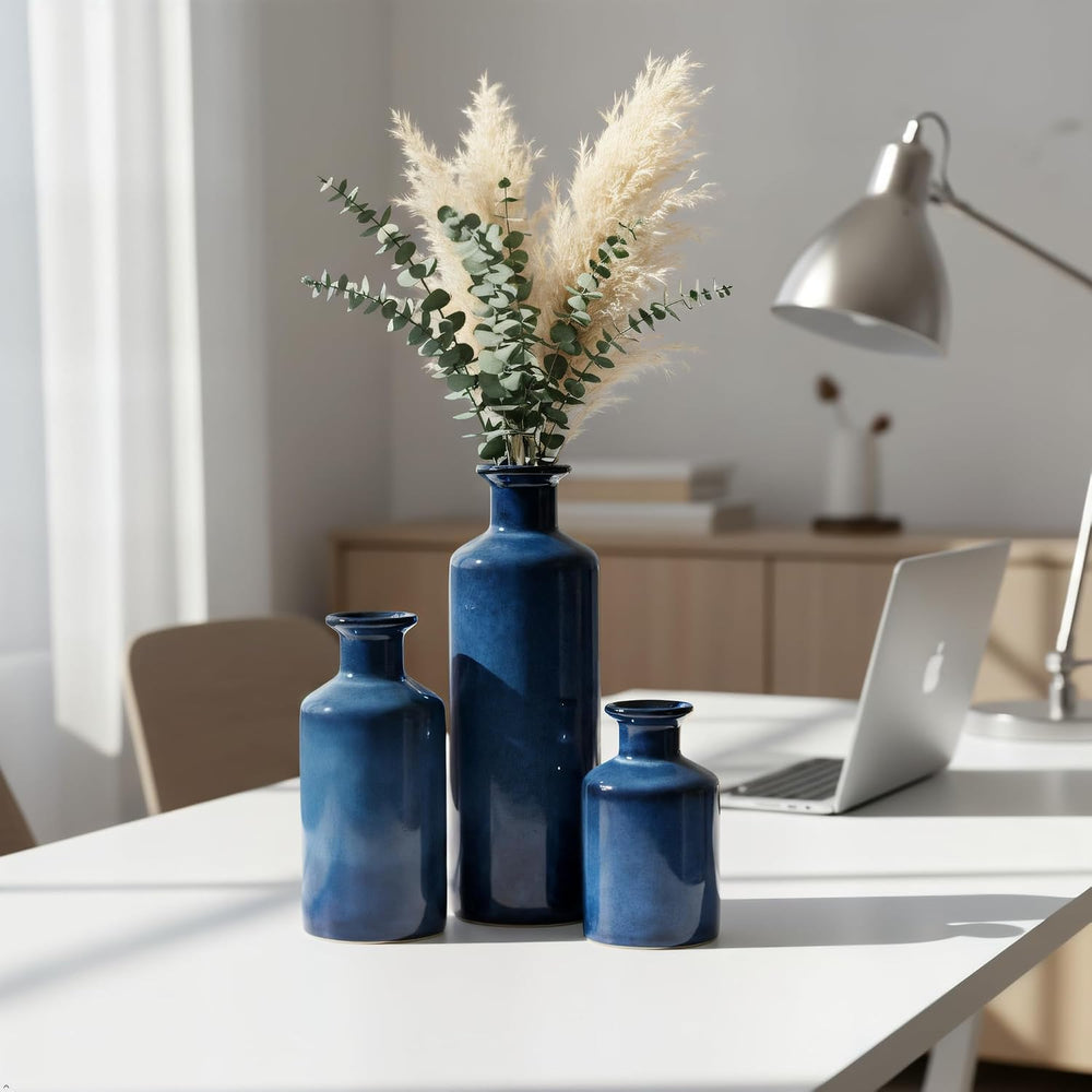 Mowtanco Blue Ceramic Vases Home Decor, 3 Small Modern Farmhouse Vases