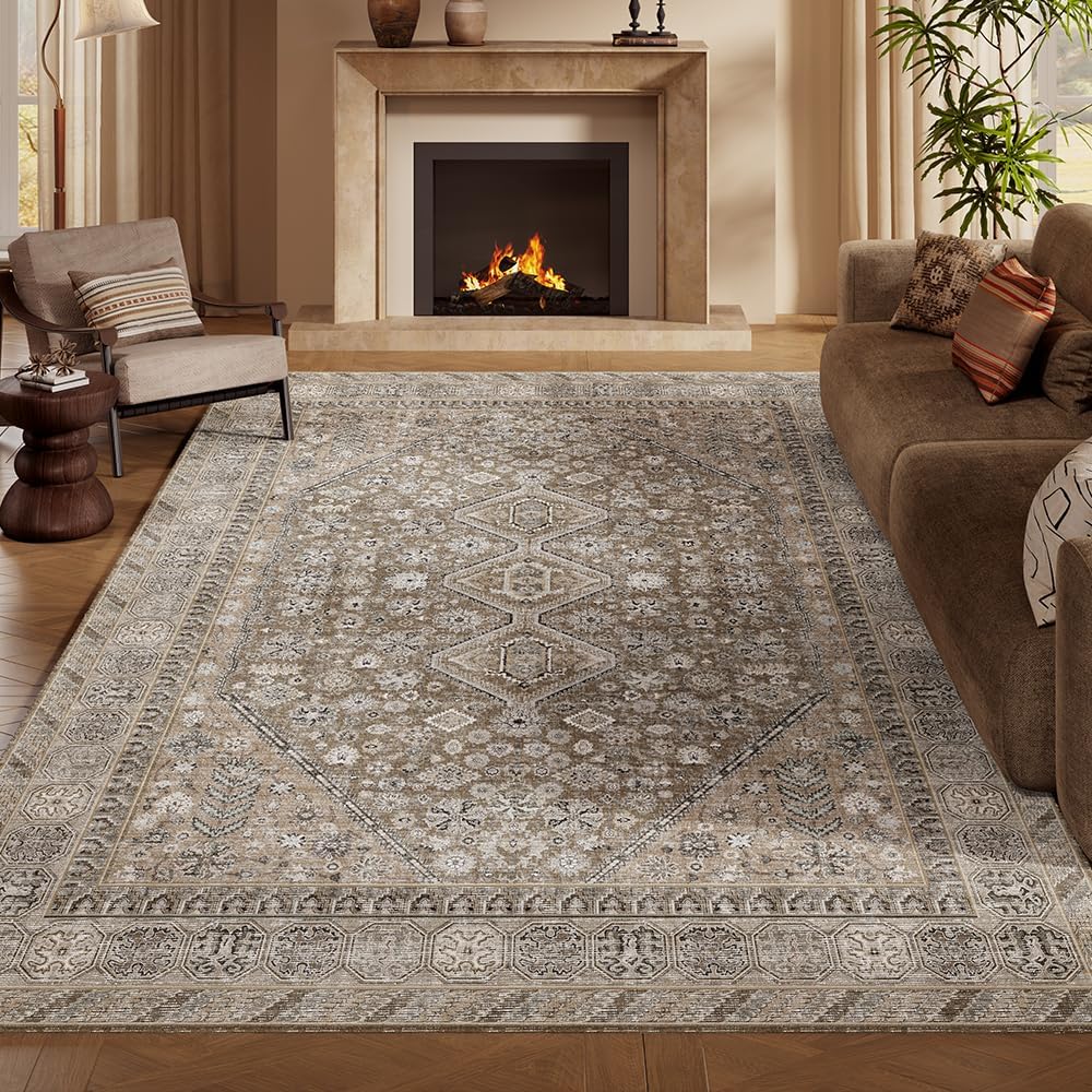 6x9 Beige Brown Washable Area Rug for Living Room, Vintage Print