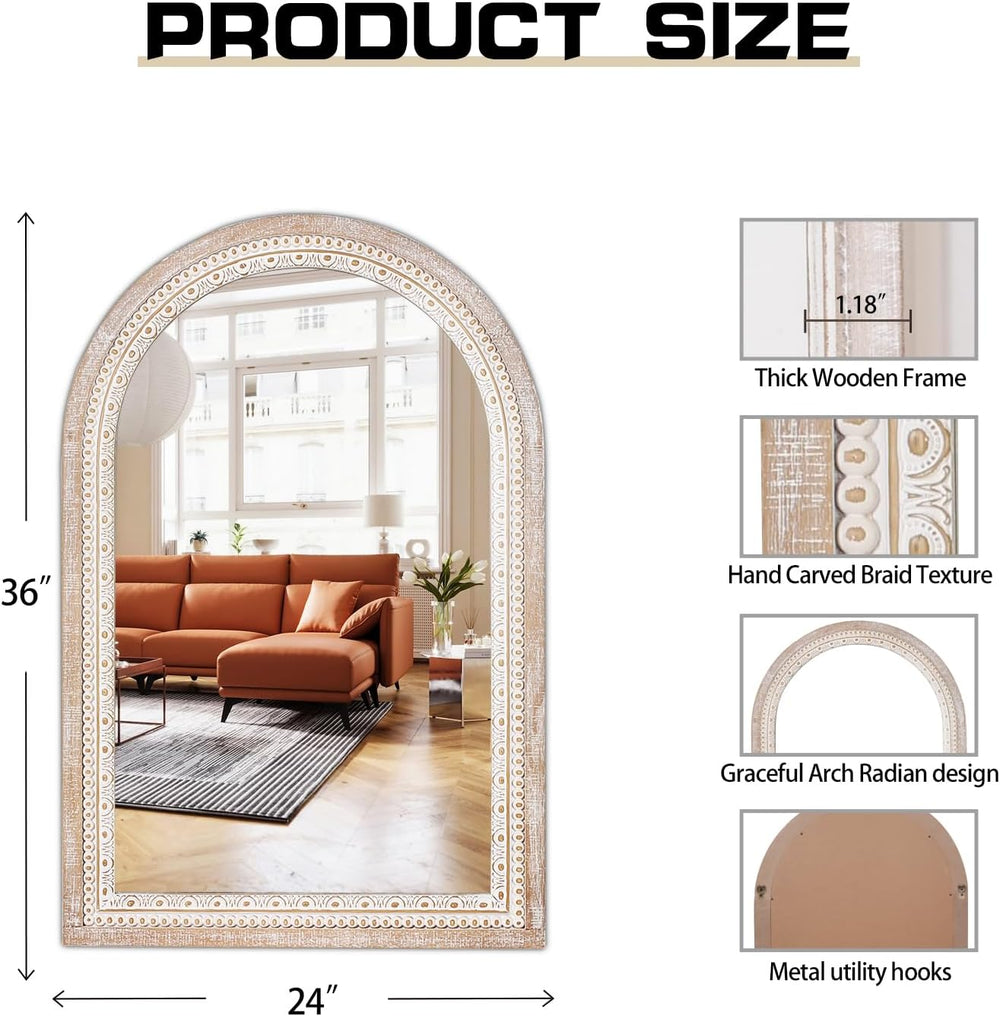 36x24 Inch Arched Mirror for Wall, Wooden Rustic Farmhouse Arch Mirrors