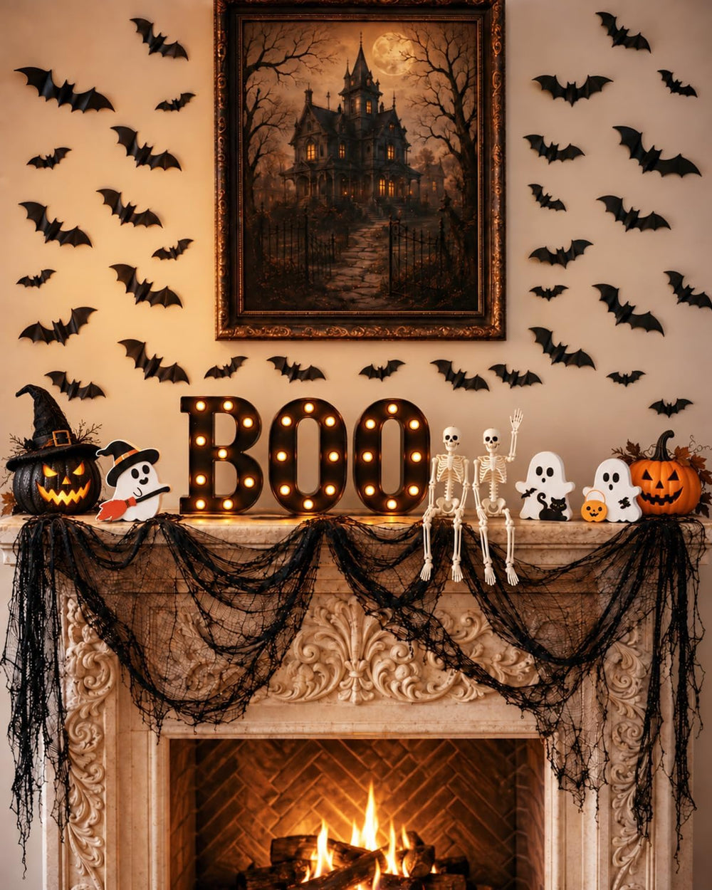 132PCS Halloween Mantel Decor Set, Boo Letters, Ghosts, Gothic Wall Decor