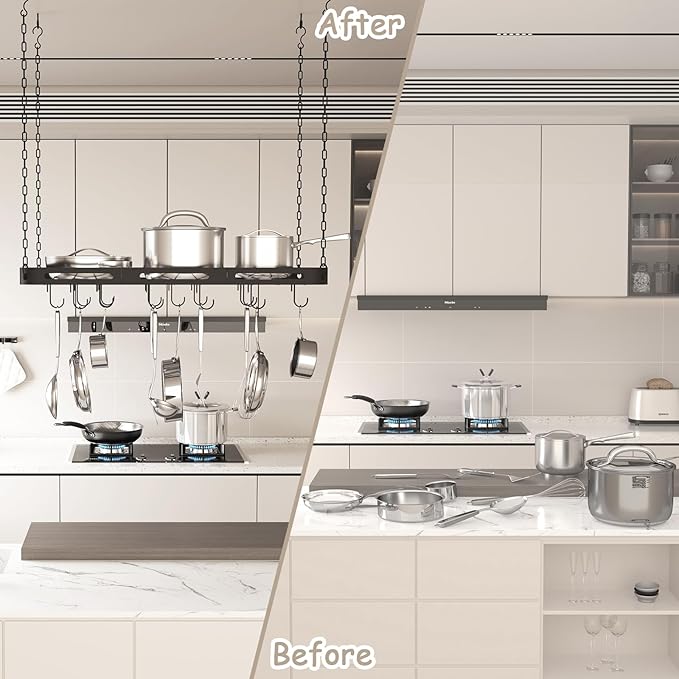 33” Pots and Pans Hanging Rack, Heavy-duty Metal Square Kitchen Ceiling Pot Rack