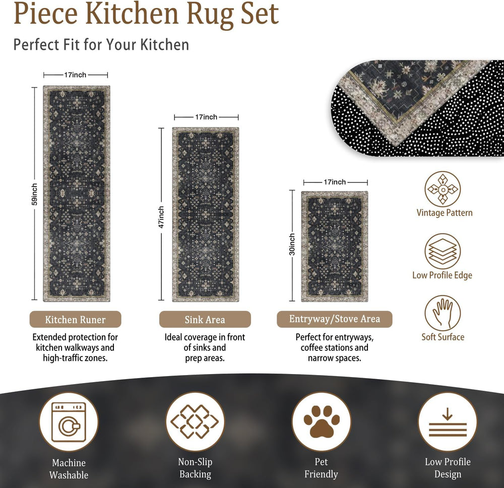 Black Boho Kitchen Rugs Set of 3, Non-Slip Machine Washable Kitchen Floor Mat...