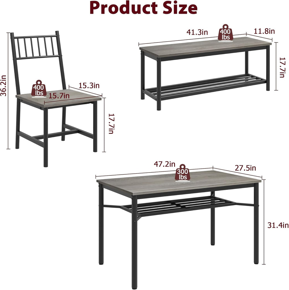 Garvee Dining Table Set for 4 with Bench and Chairs, 4-Piece Kitchen Table Se...